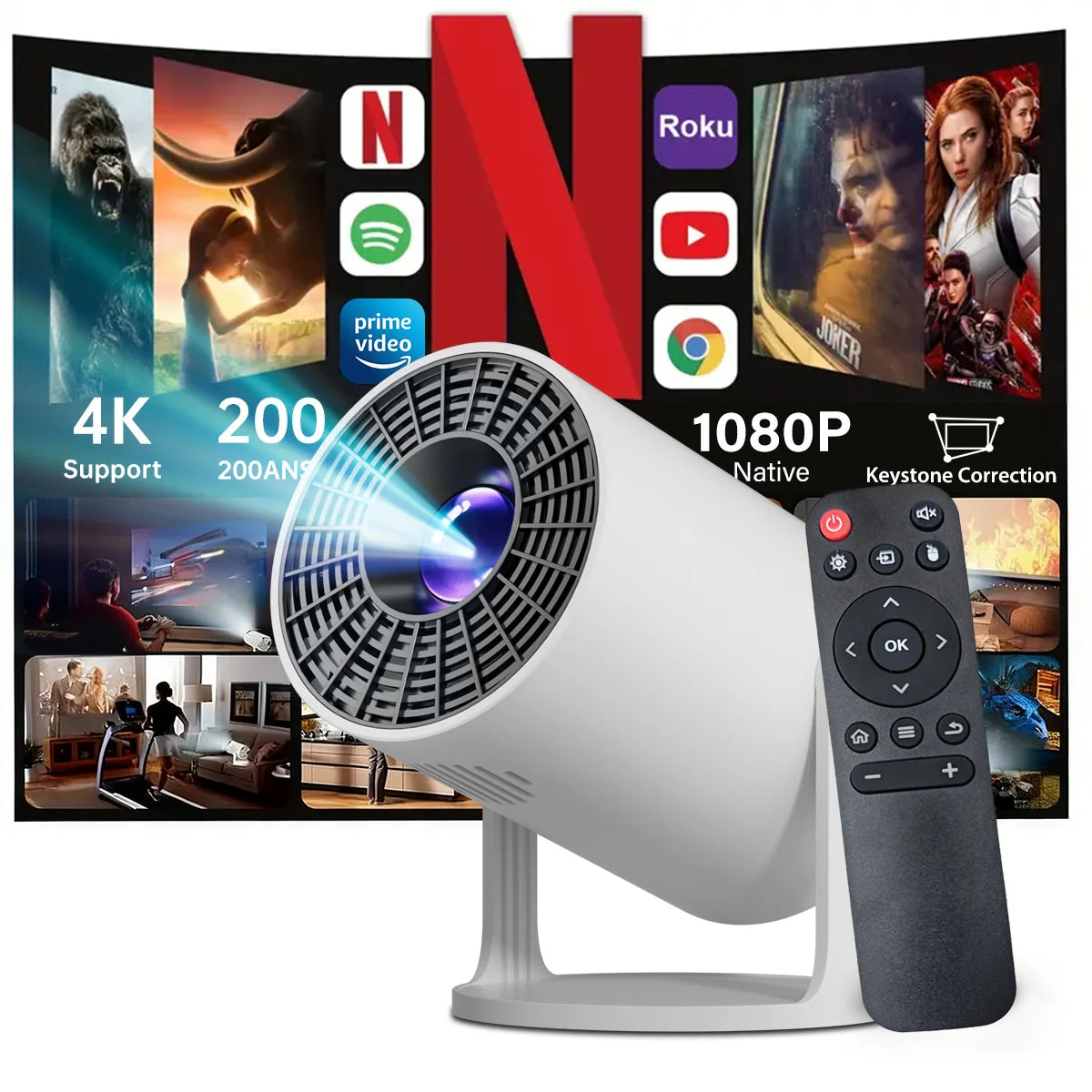 4K Decoding Native 1080P Mini Projector – Short Throw Smart Projector with 270° Rotation, Portable Home Theater Compatible with Laptops & Streaming Devices